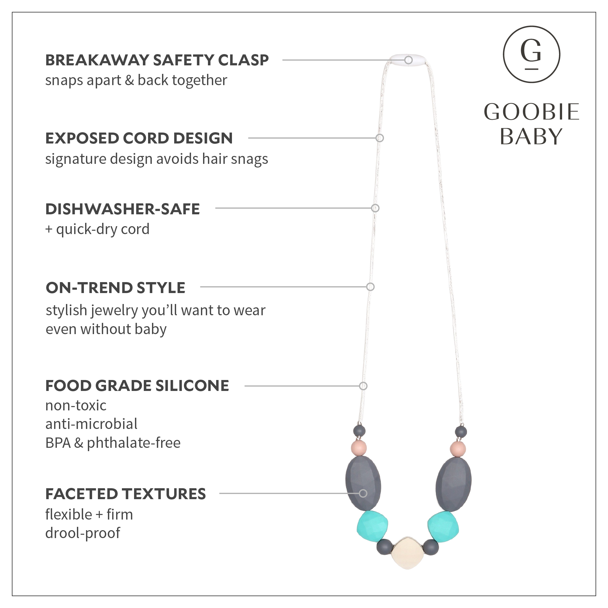 Luna Teething Necklace - Turquoise/Gray/Peach/Cream