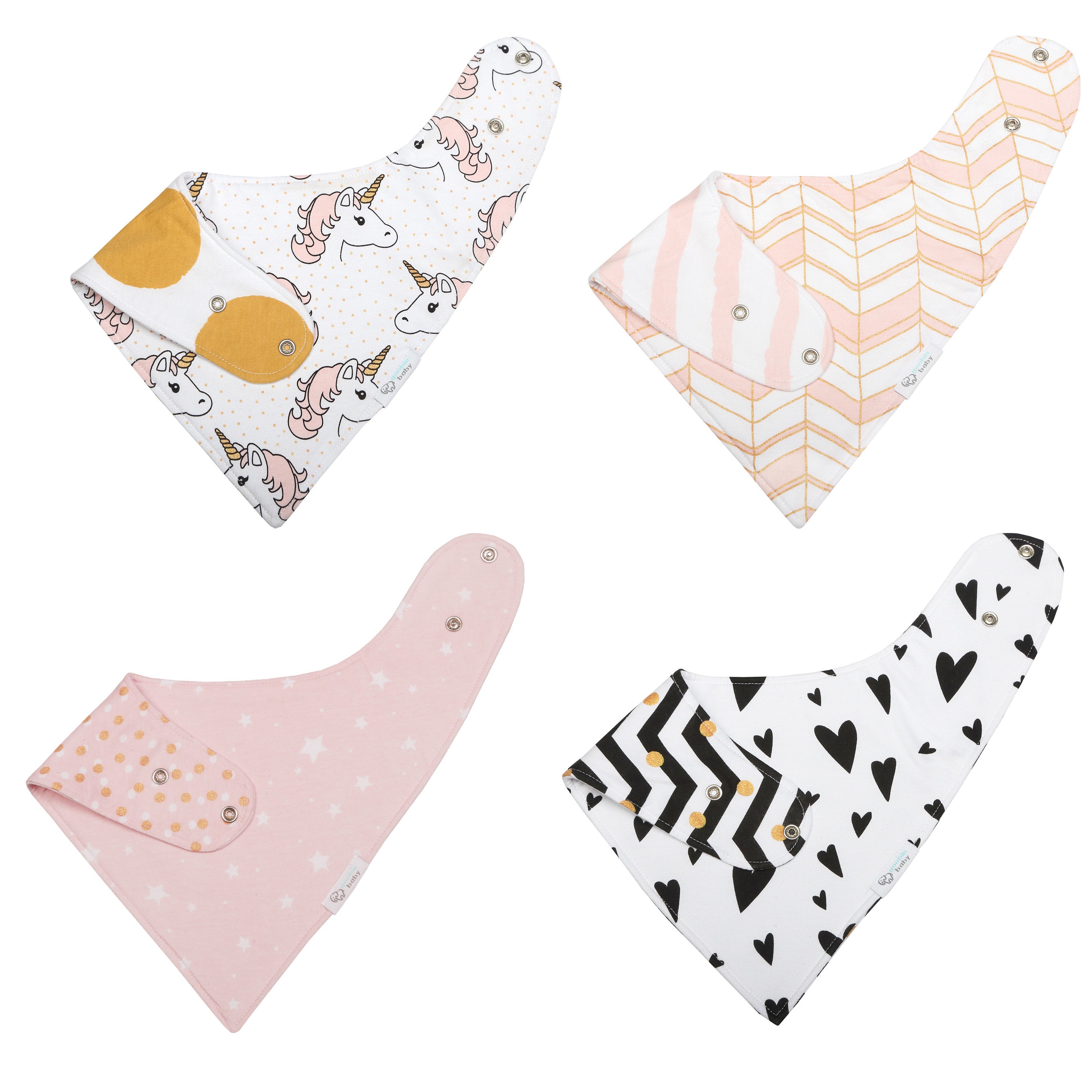 Reversible & Waterproof Cotton Bandana Bibs - Pink/Gold Unicorn