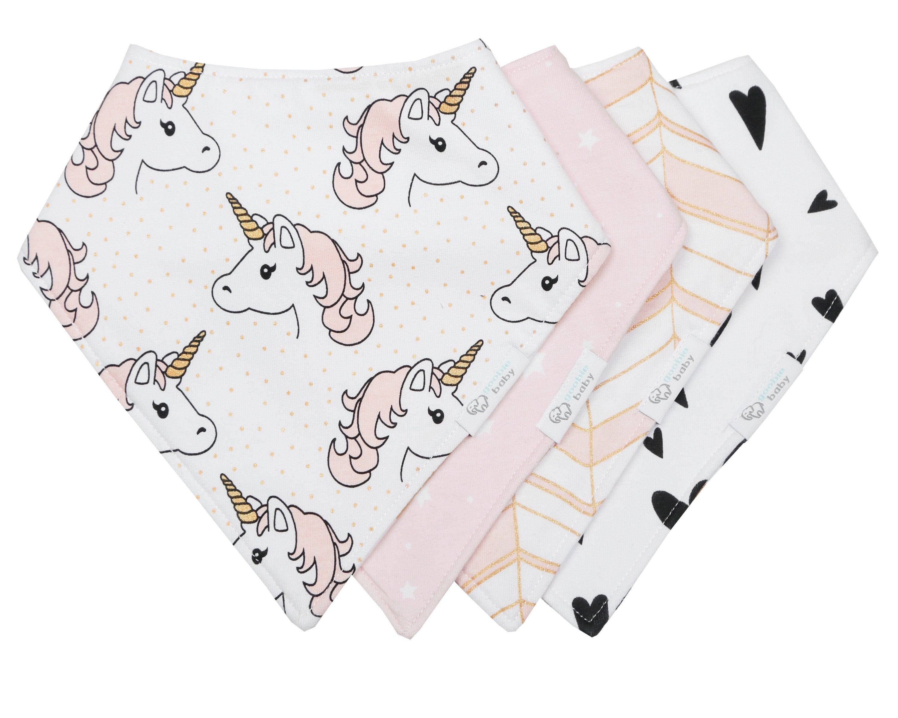 Reversible & Waterproof Cotton Bandana Bibs - Pink/Gold Unicorn